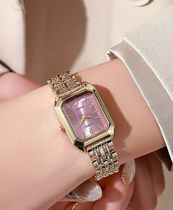 [sj25052583869615563] Reloj de pulsera de cuarzo para mujer con esfera de números romanos cuadrados y correa de acero. (Rosado)