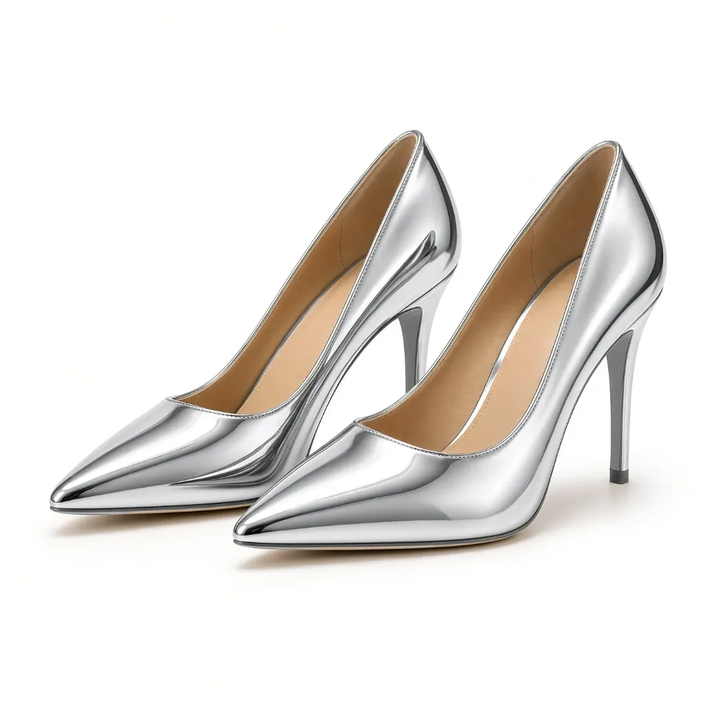 Stiletto Punta Fina Metalizado Plateado para Vestir y Fiesta
