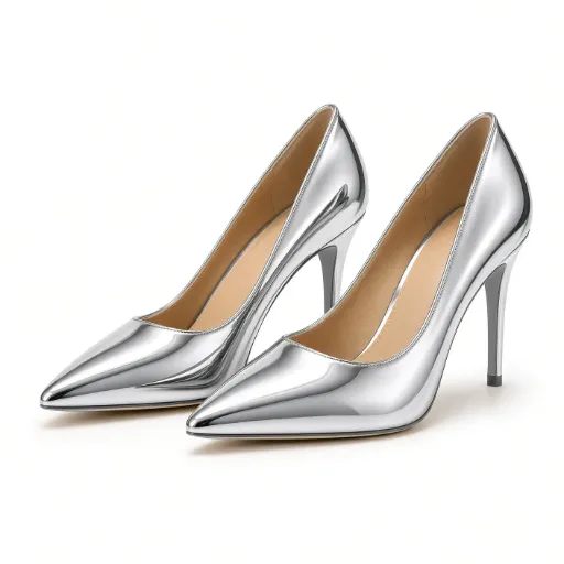 Stiletto Punta Fina Metalizado Plateado para Vestir y Fiesta