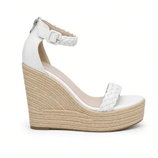 Sandalia Cuña Yute Blanca Trenzada con Tobillera para Verano