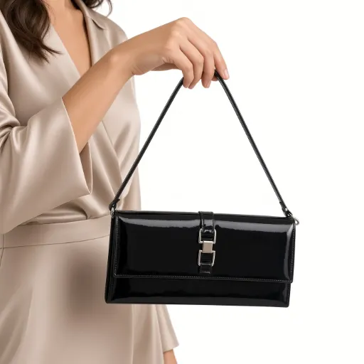 Bolso Clutch Negro Charol con Hebilla y Asa para Fiesta