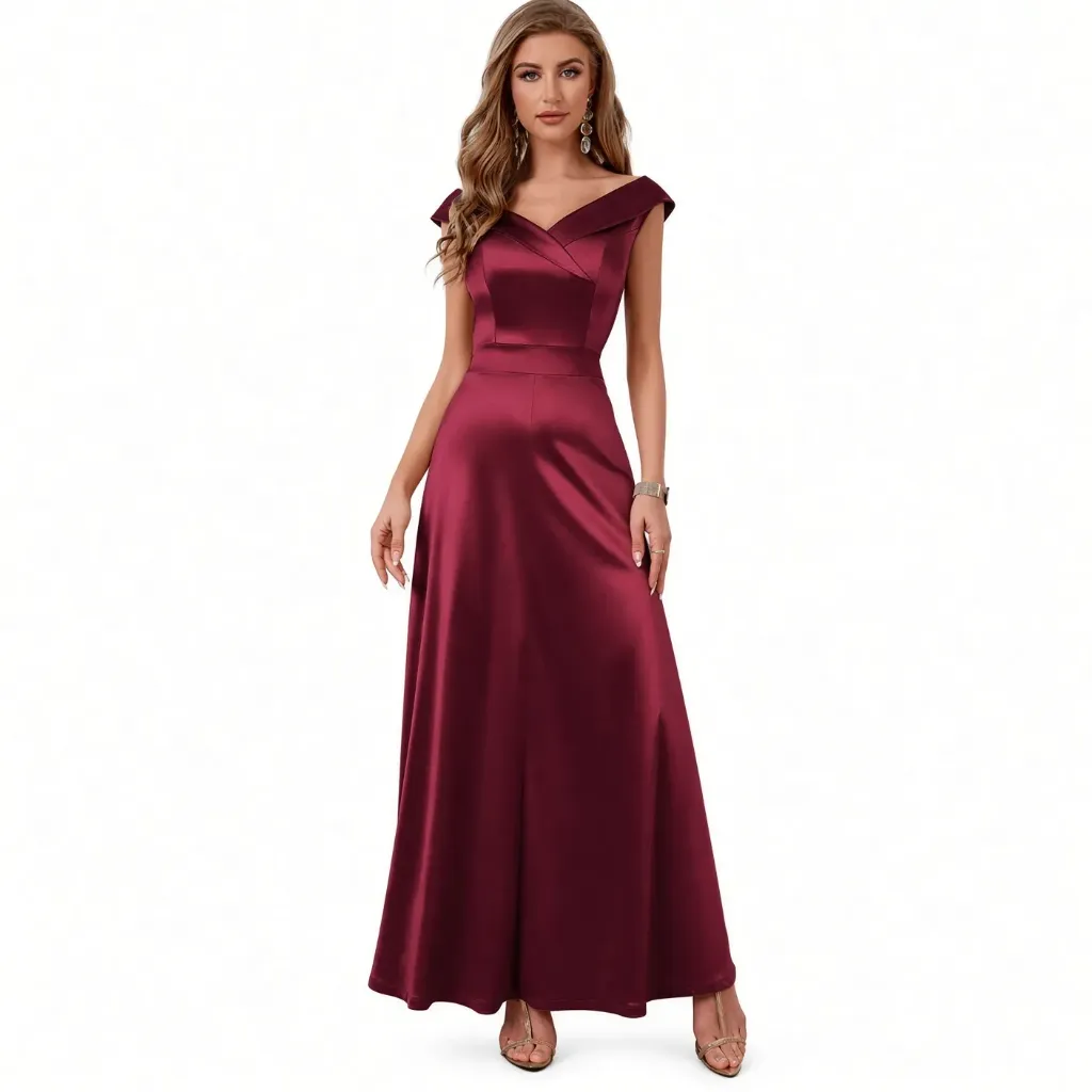 Vestido Largo Satín Vino Off Shoulder para Fiesta y Evento
