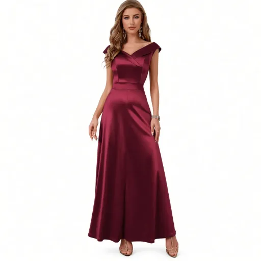 Vestido Largo Satín Vino Off Shoulder para Fiesta y Evento