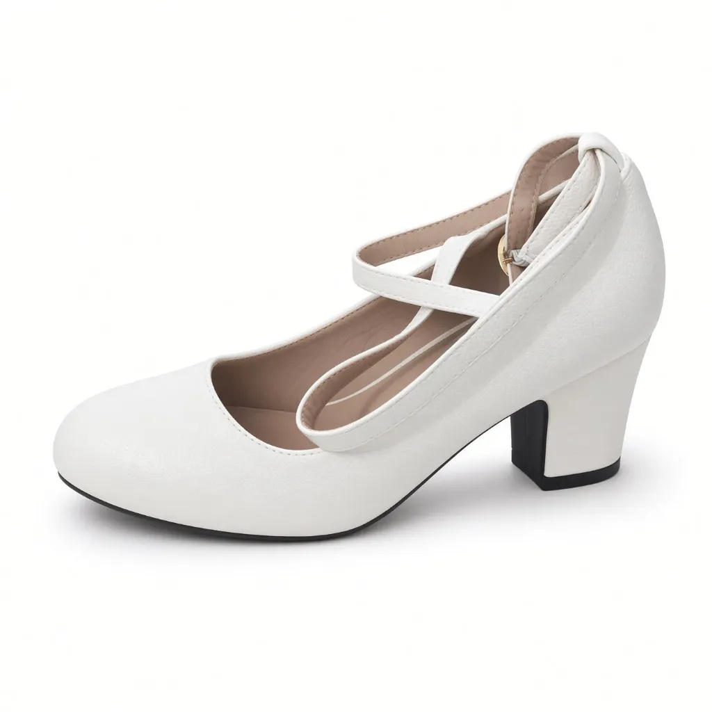 Zapato Blanco Tacón Grueso con Tiras Cruzadas al Tobillo