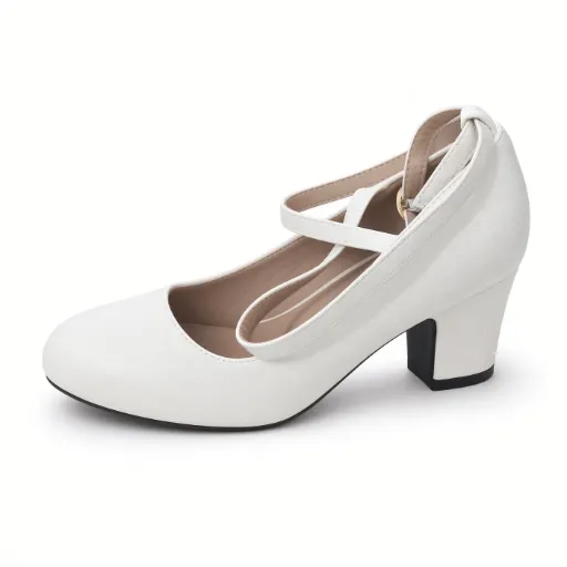 Zapato Blanco Tacón Grueso con Tiras Cruzadas al Tobillo