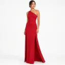 Vestido Largo Rojo Un Hombro con Abertura Lateral Elegante para Fiesta