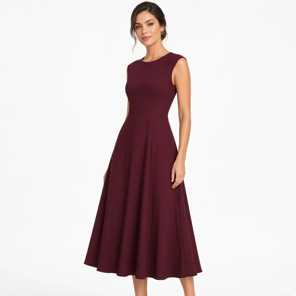 Vestido Midi Granate Sin Mangas Acampanado Elegante para Eventos