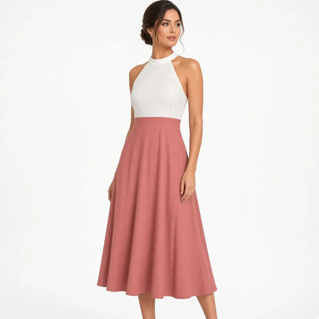 Vestido Halter Bicolor Blanco y Rosa Falda Acampanada para Embarazadas
