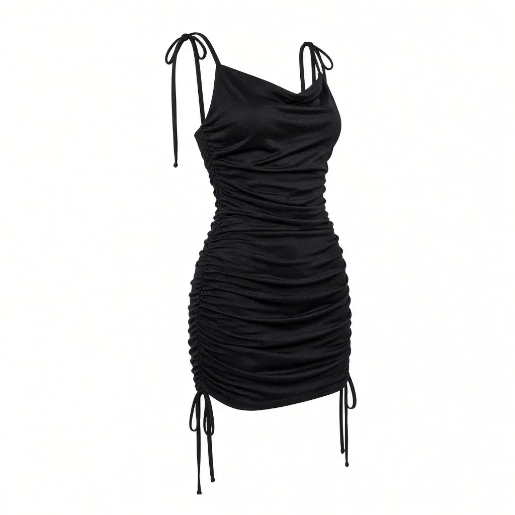 Vestido Negro Fruncido con Tirantes Ajustables Mini para Fiesta