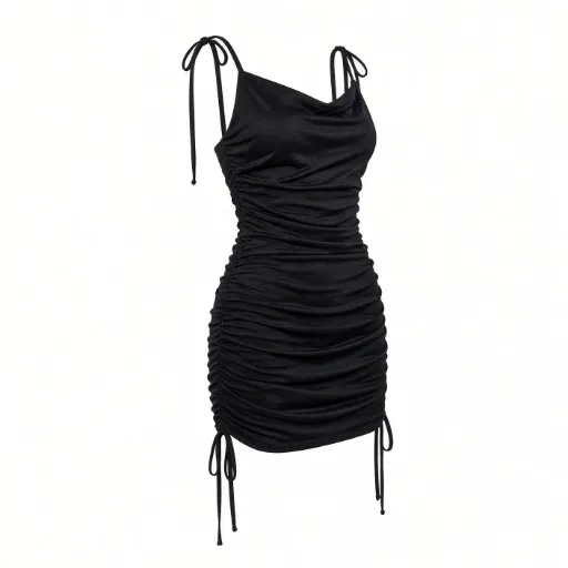 Vestido Negro Fruncido con Tirantes Ajustables Mini para Fiesta