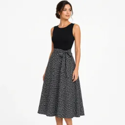 Vestido Negro con Falda de Lunares Blancos Midi Acampanado para Embarazadas