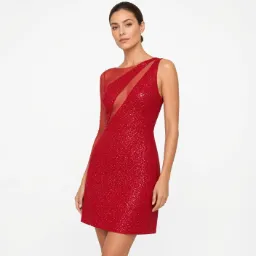 Vestido Rojo Glitter Un Hombro con Panel de Tul Fiesta