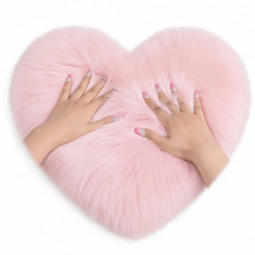 Alfombra esponjosa en forma de corazón rosa para fotografía de uñas.