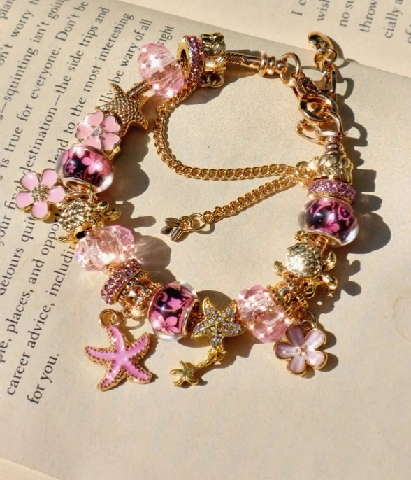 [sj25062857660584004] Brazalete dorado de flor de cerezo y estilo de mar.