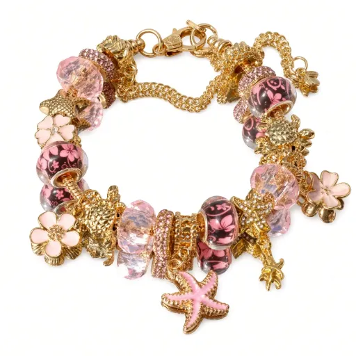 Brazalete dorado de flor de cerezo y estilo de mar.