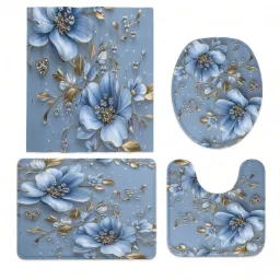 Set de baño de 4 piezas con cortina, flores azules