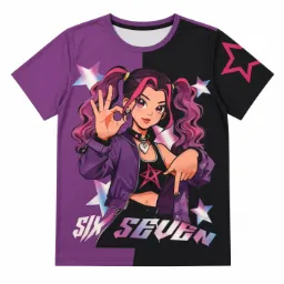 Camiseta Estampada Anime Six Seven Morado Negro Manga Corta Uso Diario
