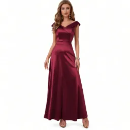 Vestido Largo Satín Vino Off Shoulder para Fiesta y Evento