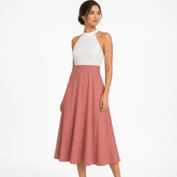 Vestido Halter Bicolor Blanco y Rosa Falda Acampanada para Embarazadas