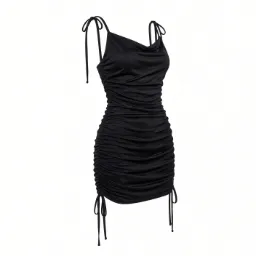 Vestido Negro Fruncido con Tirantes Ajustables Mini para Fiesta